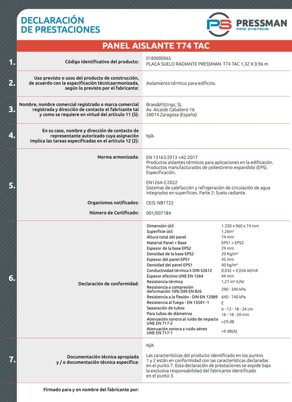 pressman Declaración conformidad T74 TAC Pressman UNE EN 1264 22 Abril 2022