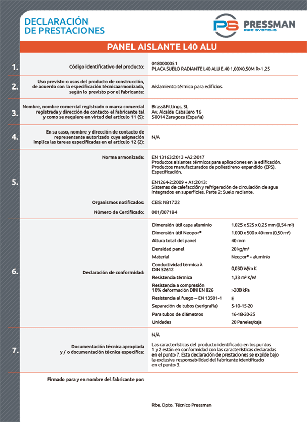 Declaración conformidad L40 ALU Pressman UNE EN 1264 22