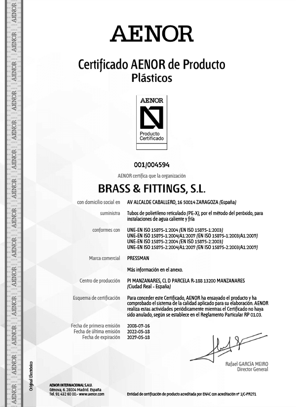 Certificado AENOR Pex a 1